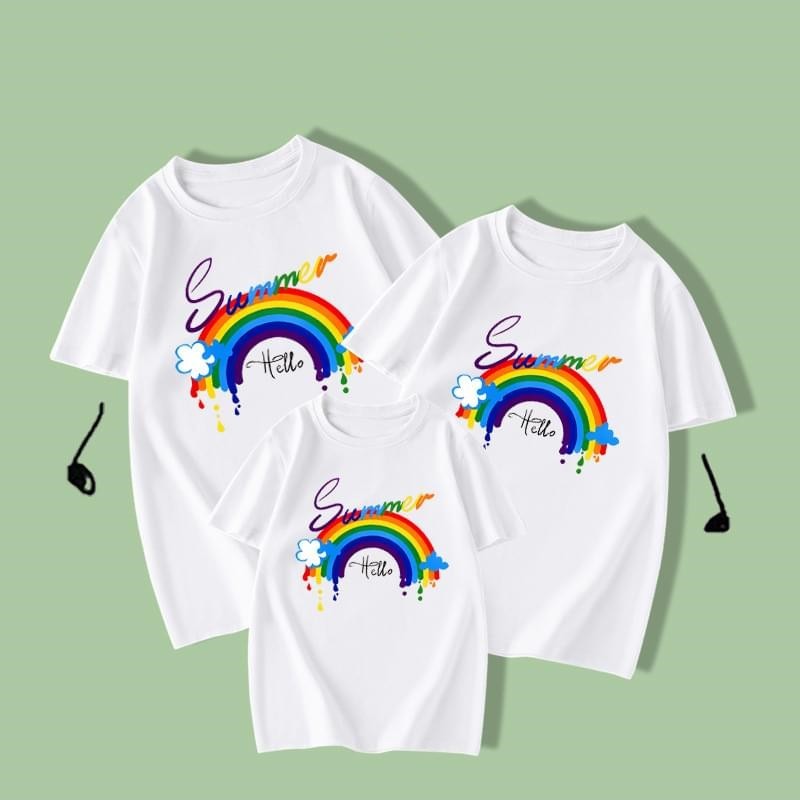 White Hello Rainbow Print Short Sleeve Matching Family Shirts