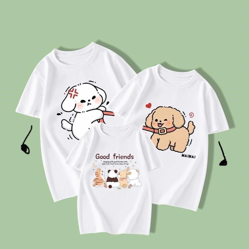 Cute Dog Print Short Sleeve Family Shirts Set Of 3 White