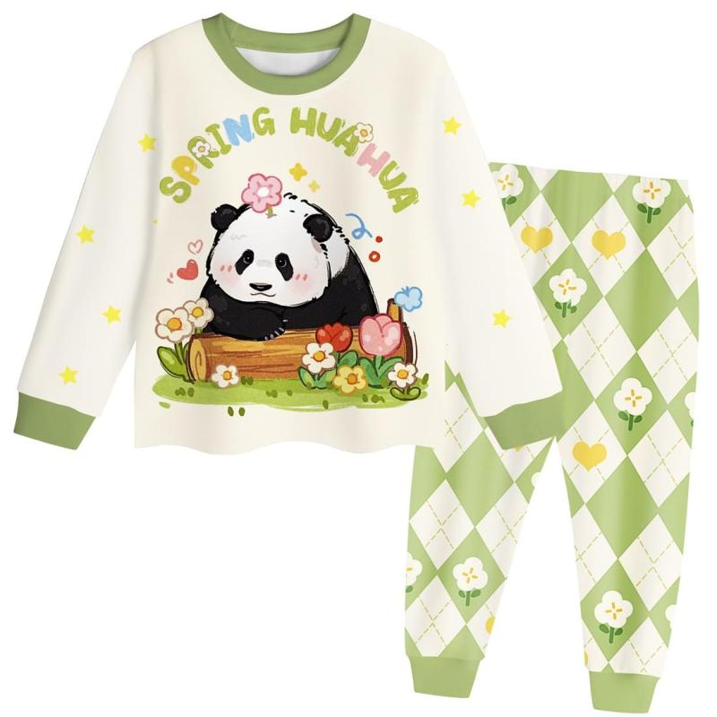 Kids Panda Print Sleepwear Pajamas Set Green