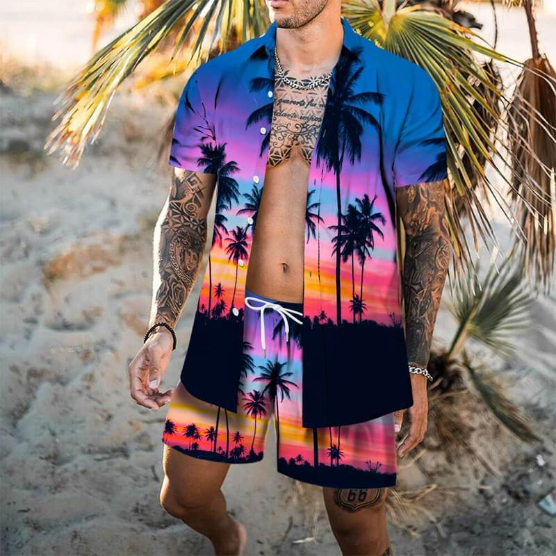 Blue Coconut Palm Print Hawaiian Shirt And Swim Short Set For Men