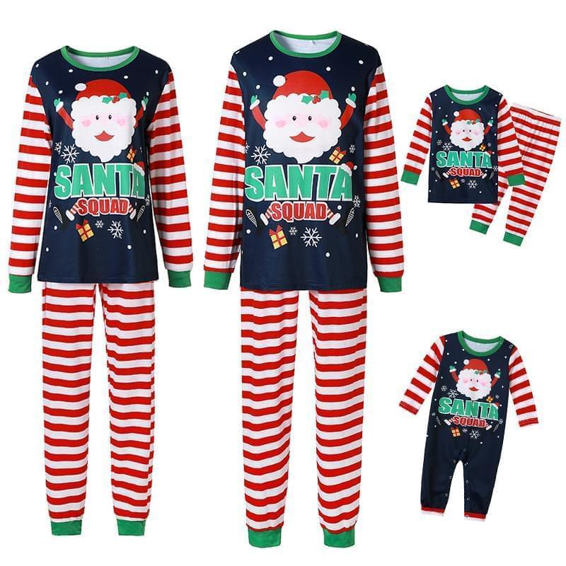 Santa Squad Print Top Striped Pants Christmas Family Pajamas