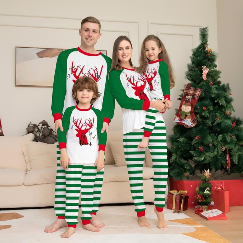 Men Reindeer Stripe Print Matching Family Christmas Holiday Pajamas