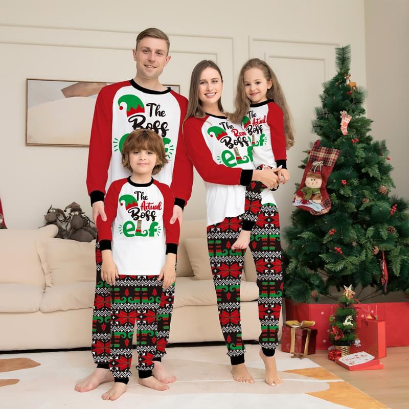 Women The Boss Elf Print Matching Family Christmas Holiday Pajamas