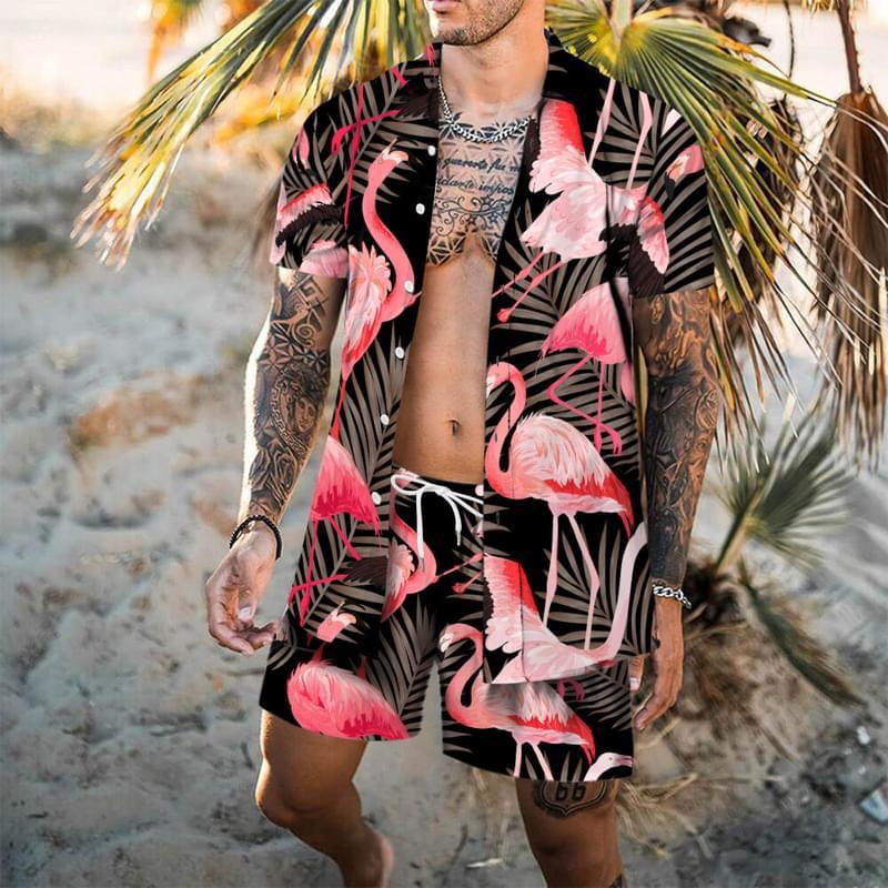 Men Short Sleeve Flamingo Hawaiian Shirt And Swim Trunks Set