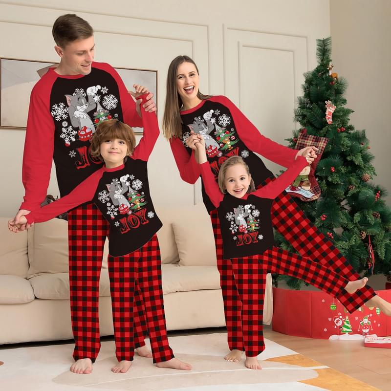 Kids Tom Cat Print Matching Family Christmas Holiday Pajamas