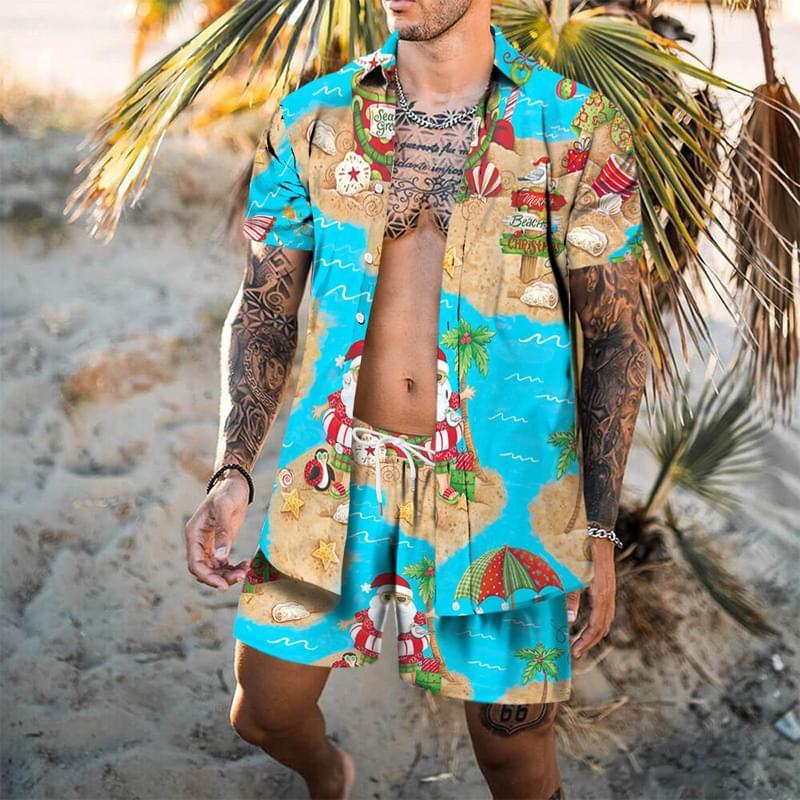Men Coconut Palm Print Hawaiian Polo Short Sleeve Button Down Shirt