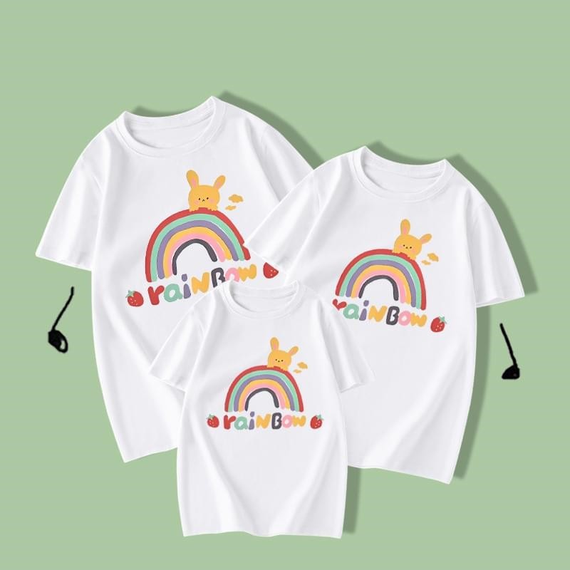 White Family Of 3 Rainbow Print Ladies Short Sleeve T Shirts