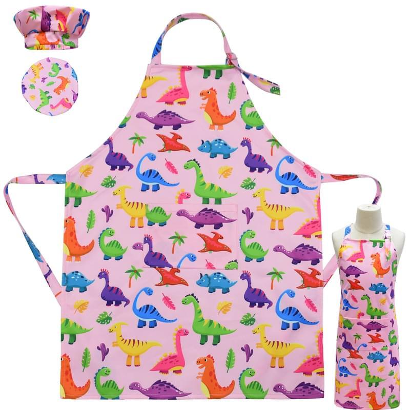 Girl Dinosaur Print Painting Apron With Chef Hat