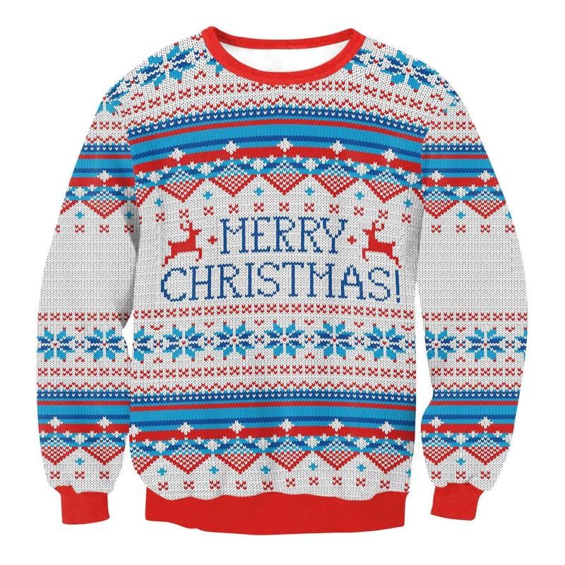 Unisex Merry Christmas Snowflake Print Ugly Xmas Sweatshirt