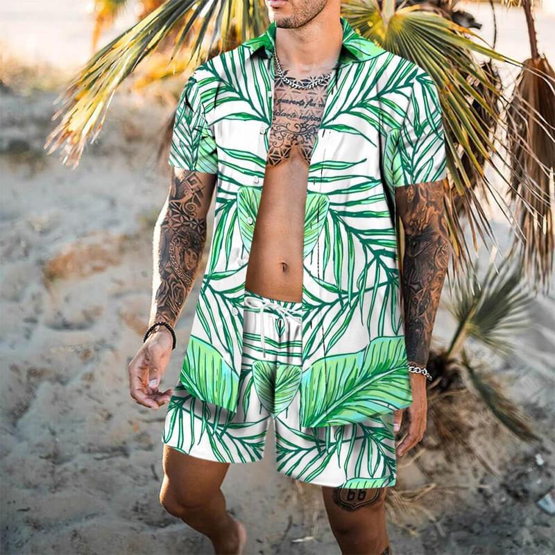 Men Palm Print Hawaiian Big And Tall Button Down Dress Shirts Set