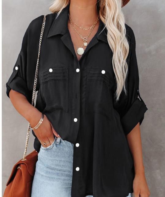 Women Long Sleeve Plain Button Down Blouses Shirts Black
