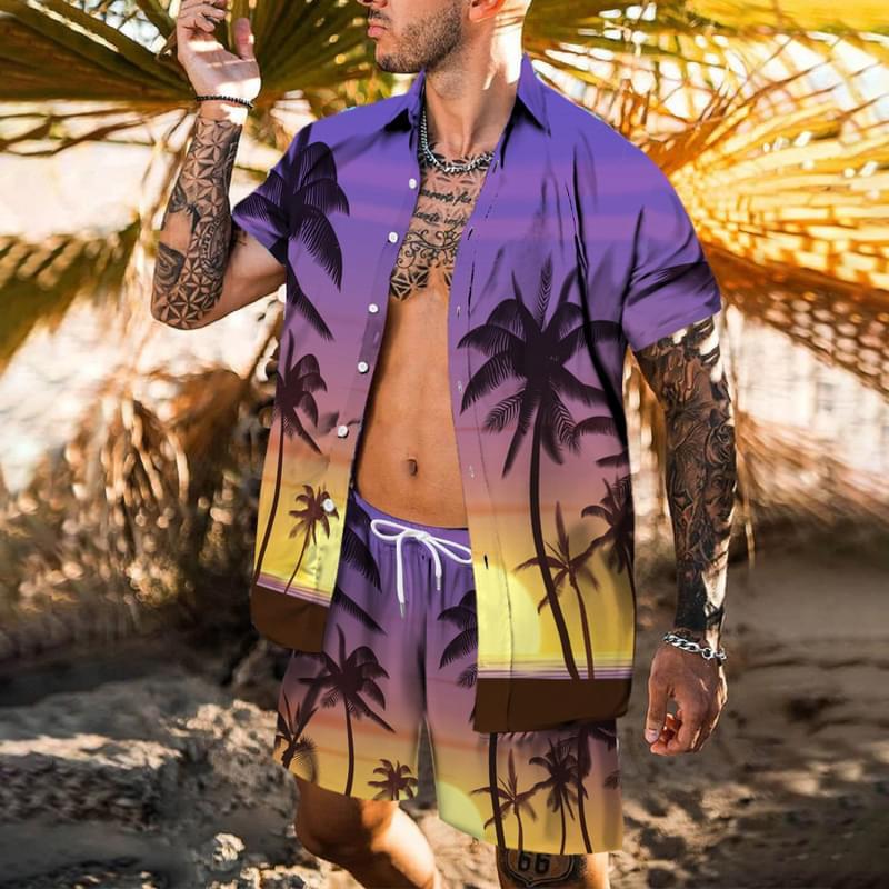 Purple Palm Big And Tall Short Sleeve Button Down Shirts Swim Trunks
