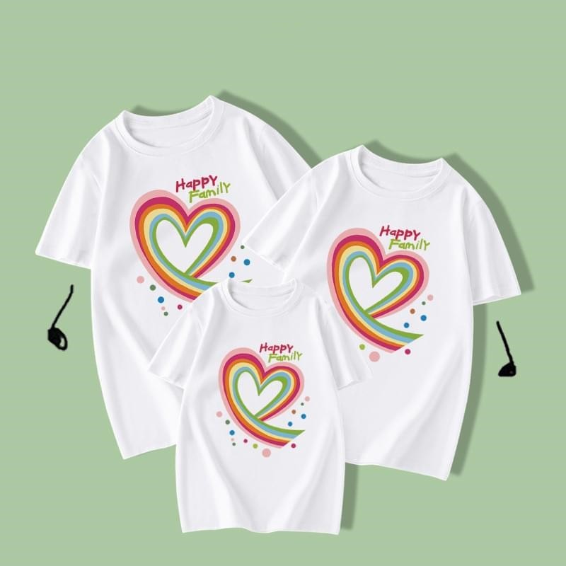 White Rainbow Heart-Shaped Print Short Sleeve Family Tshirt For 3