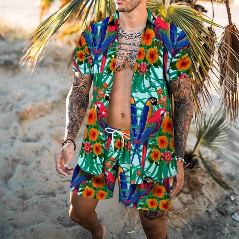 Men Parrot Flower Print Hawaiian Button Down Shirt And Beach Shorts