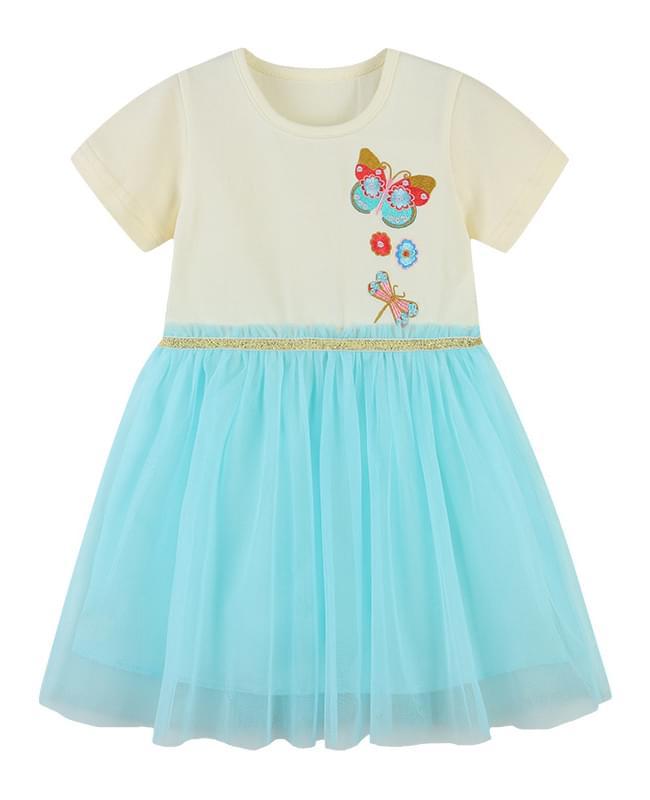 Blue Girls Butterfly Print Summer Dresses With Mesh