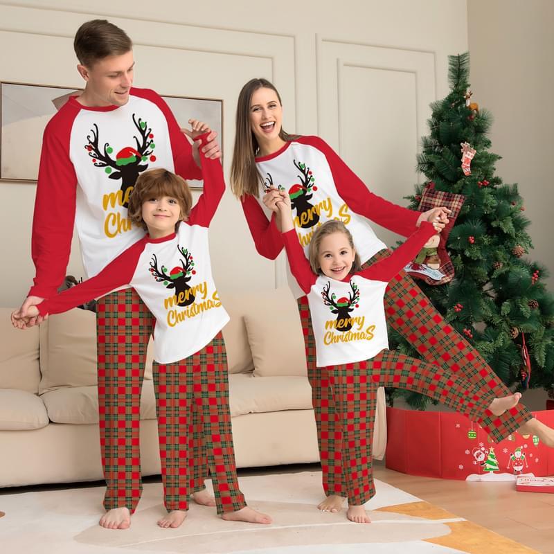 Plaid Merry Christmas Reindeer Print Matching Family Holiday Pajamas