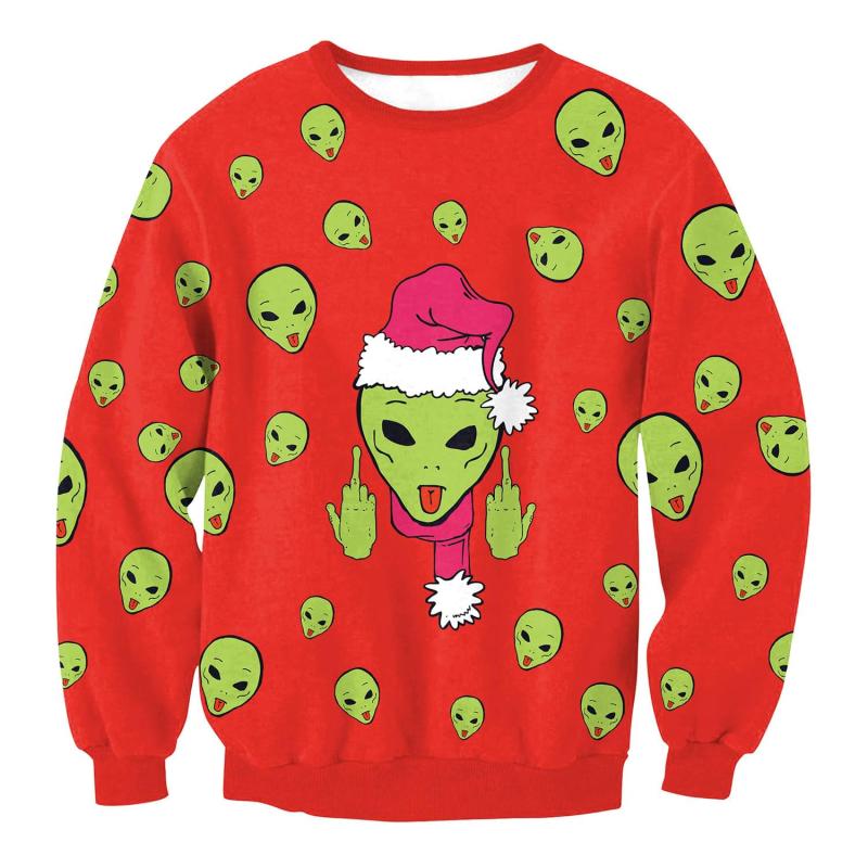 Cute Unisex Christmas Alien Print Ugly Xmas Sweatshirt