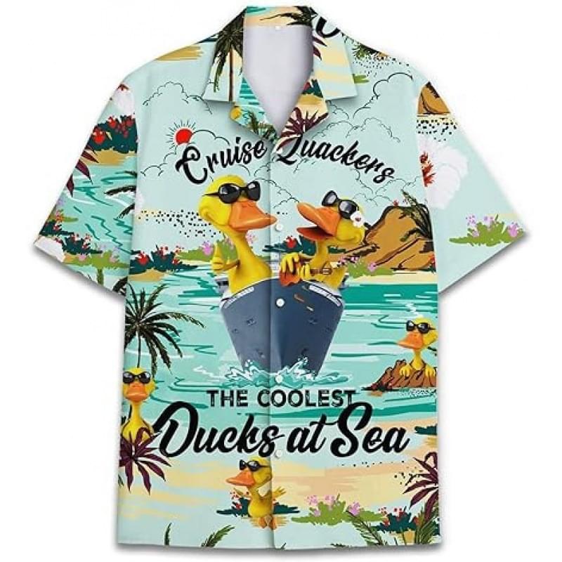 Men Short Sleeve Ducks At See Print Button Up Shirts Blue