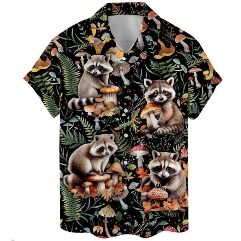 Men Plus Size Raccoon Print Button Up Hawaiian Shirts