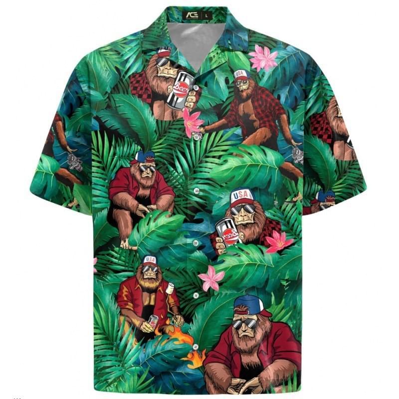 Men Gorilla Palm Leaves Print Hawaiian Button Shirt