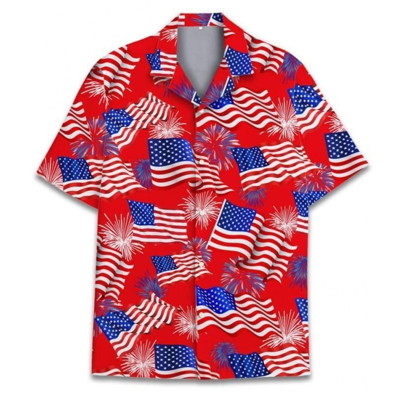 Men Short Sleeve American Flag Print Button Up Shirts Red