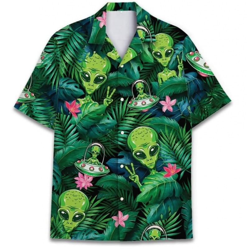 Men Plus Size Alien Palm Leaves Print Button Up Hawaiian Shirts