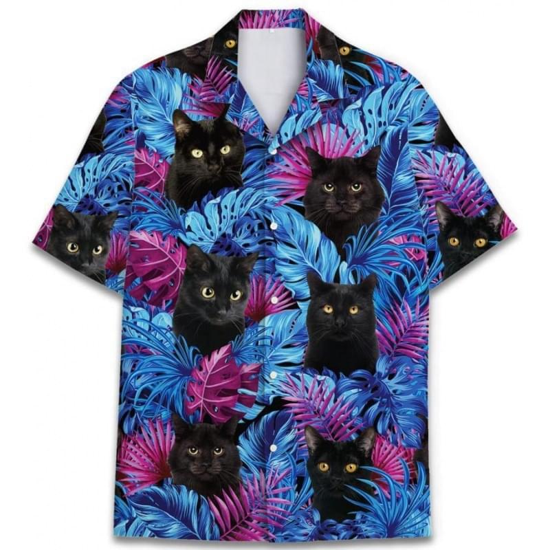 Men Short Sleeve Cat Palm Leaves Print Hawaii Button Up Shirts