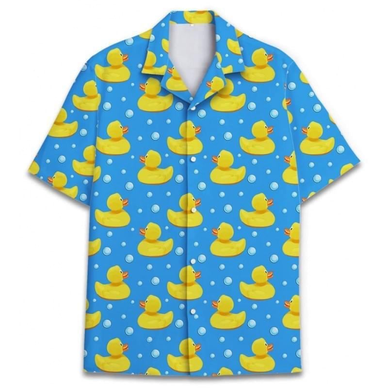 Men Cute Short Sleeve Duck Print Button Up Shirts Blue