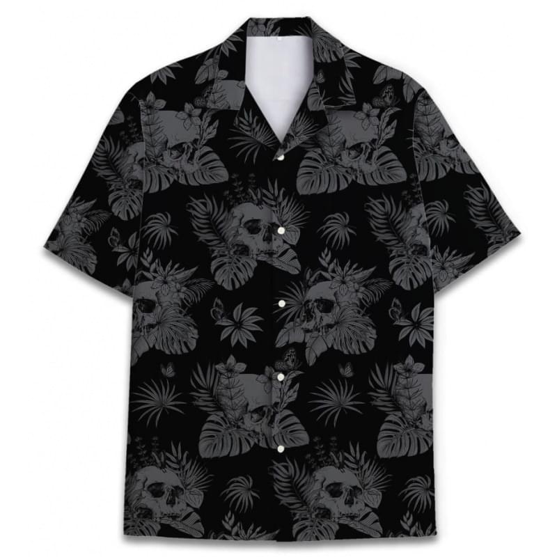 Men Short Sleeve Skeleton Print Hawaii Button Up Shirts