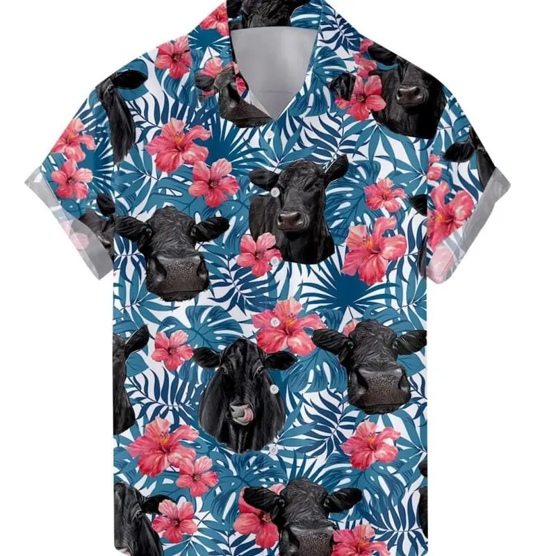 Mens Palm Leaf Hibiscus Cattle Print Beach Hawaiian Shirts