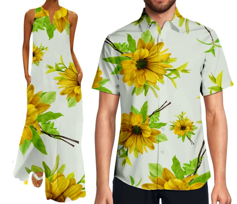 Sunflower Flower Print Maxi Dresses Couples Holiday Outfits
