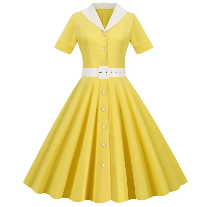 Women Polo Neck Plaid Flare Vintage Dress Yellow