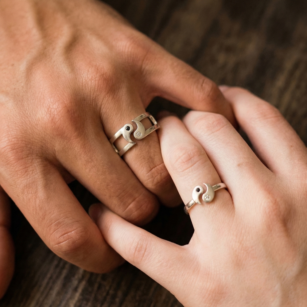 His And Her Silver Yin Yang Matching Promise Rings For Couples