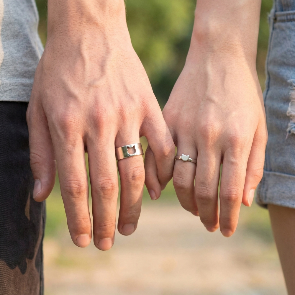 Cute Silver Matching Cat Couple 2Pcs Ring Girlfriend Gift