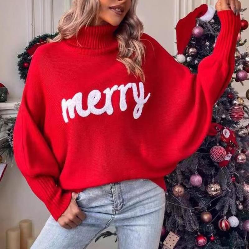 Cute High Neck Merry Print Christmas Sweaters Red