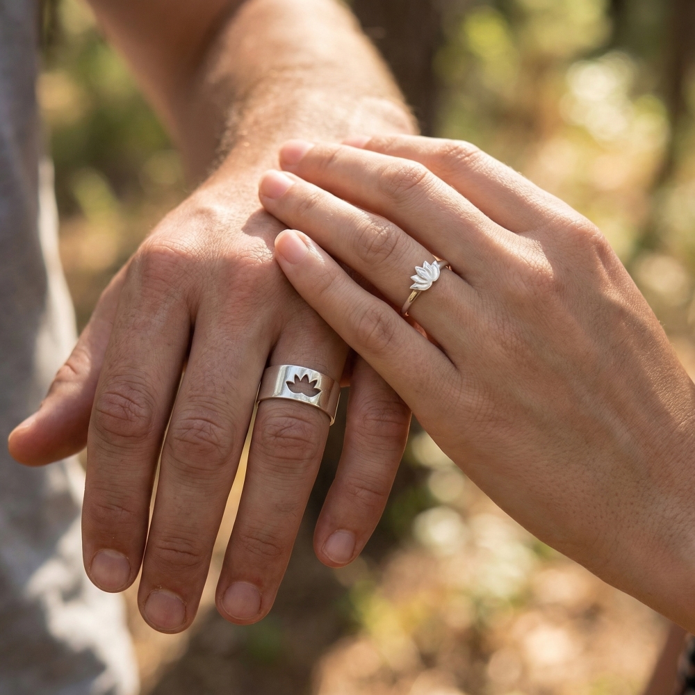 Silver Matching Lotus Flower Rings For Couples His And Her Gift