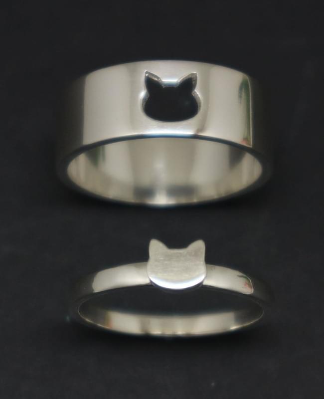 Cute Silver Matching Cat Couple 2Pcs Ring Girlfriend Gift