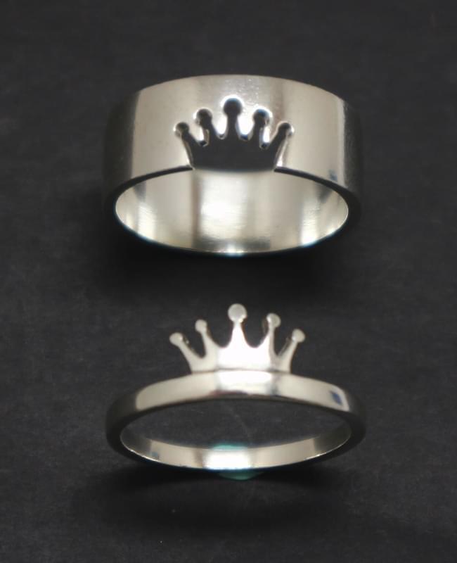 His And Her Silver Crown Matching Promise Rings For Couples