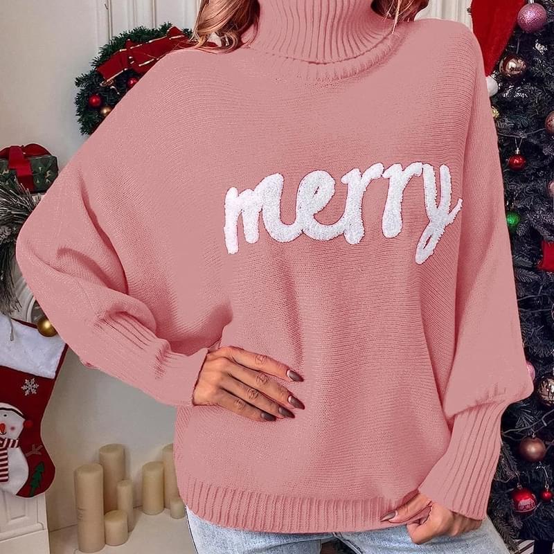 Cute High Neck Merry Print Christmas Sweaters Red