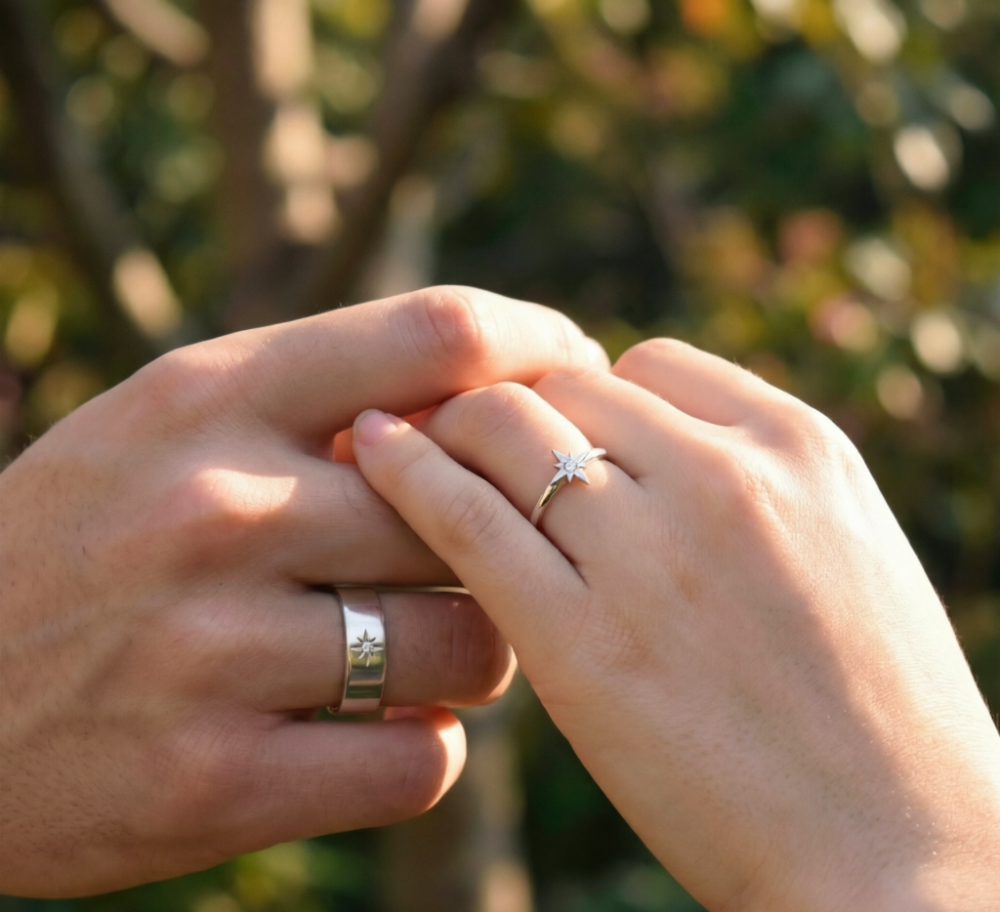Silver Matching Compass Couple Ring Boyfriend Girlfriend Gift