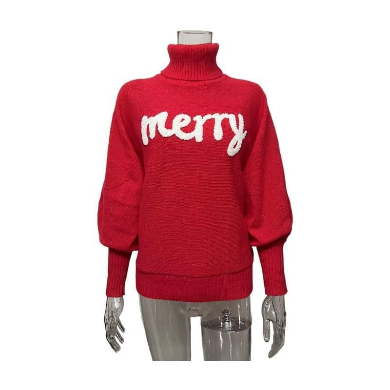Cute High Neck Merry Print Christmas Sweaters Red