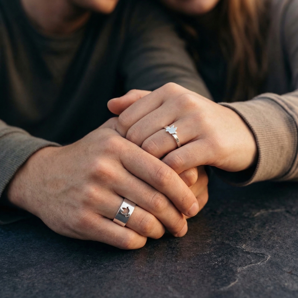 His And Her Promise Silver Matching Dove Couple Ring