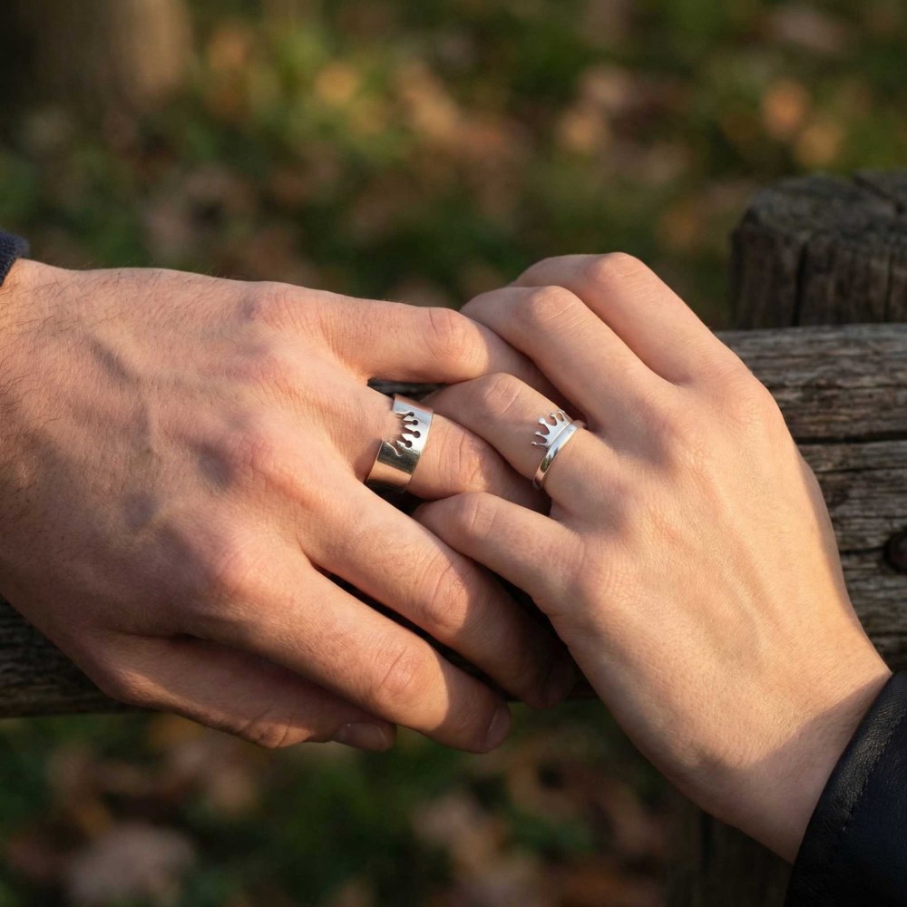 His And Her Silver Crown Matching Promise Rings For Couples