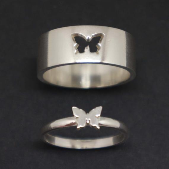His And Her Promise Silver Matching Butterfly Couple 2Pcs Ring