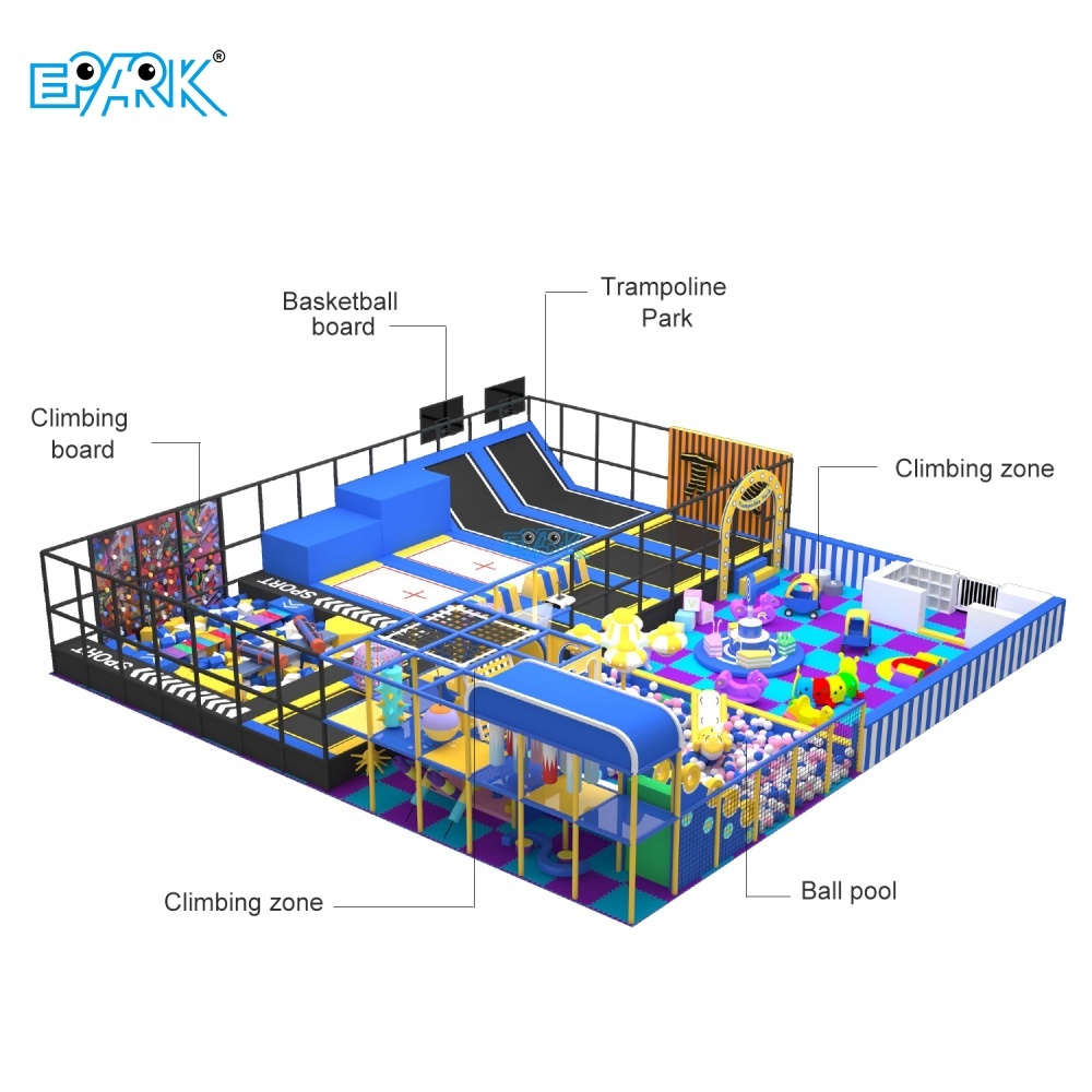 350㎡ Blue Sports Style Soft Playground with Big Trampoline,EPARK Indoor Playground One-stop Solution