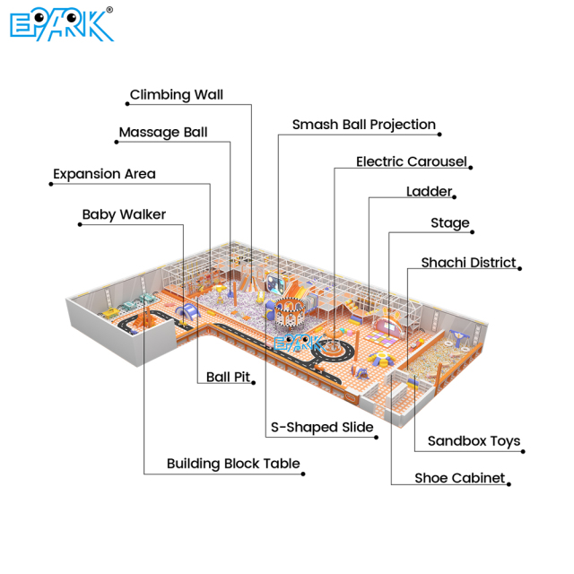 Parque infantil interior de 540 m² con temática naranja y zonas multiactividad,EPARK Indoor Playground One-stop Solution