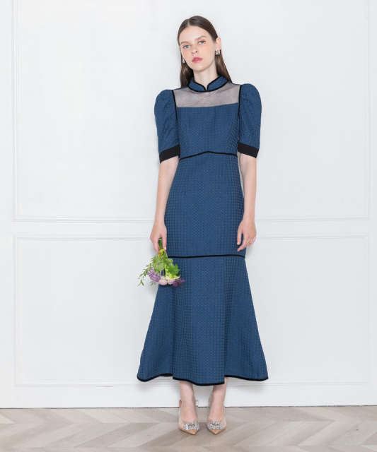 ワッフル生地パフスリーブ配色パイピングマーメイドロング丈ドレス  