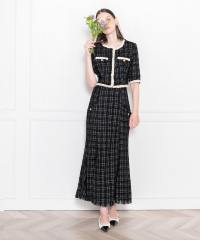 LEJA-ツイード柄半袖ジャケット釦セットアップロング丈マーメイドスカートドレス美脚効果結婚式 パーティードレス