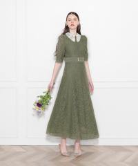 レースビッグカラー花柄刺繍ウエストマークロングフレアドレスワンピース美脚効果結婚式 パーティードレス