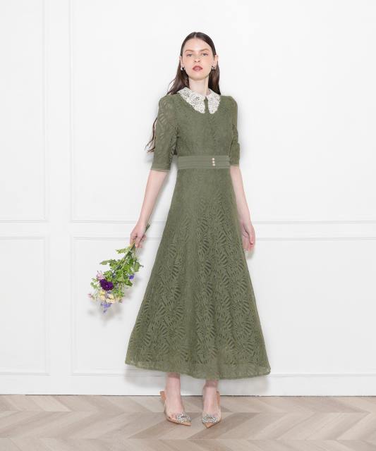 レースビッグカラー花柄刺繍ウエストマークロングフレアドレスワンピース美脚効果結婚式 パーティードレス